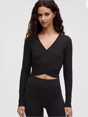 Lululemon Nulu Ribbed Wrap Front Long Sleeve Black Small NWT Heart Detail